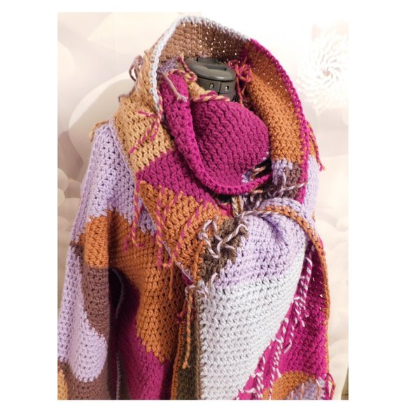 Crochet Brown Lavendar Long Sweater with Fringe Scarf L/XL - Picture 3 of 9